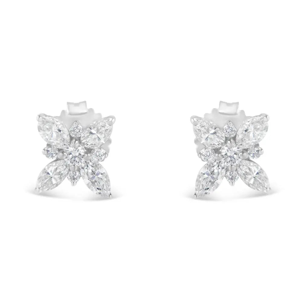 14K White Gold Marquise Diamond Flower Stud Earring (1.00 cttw, H-I Color, SI1-SI2 Clarity) - Bijoux-NYC Direct