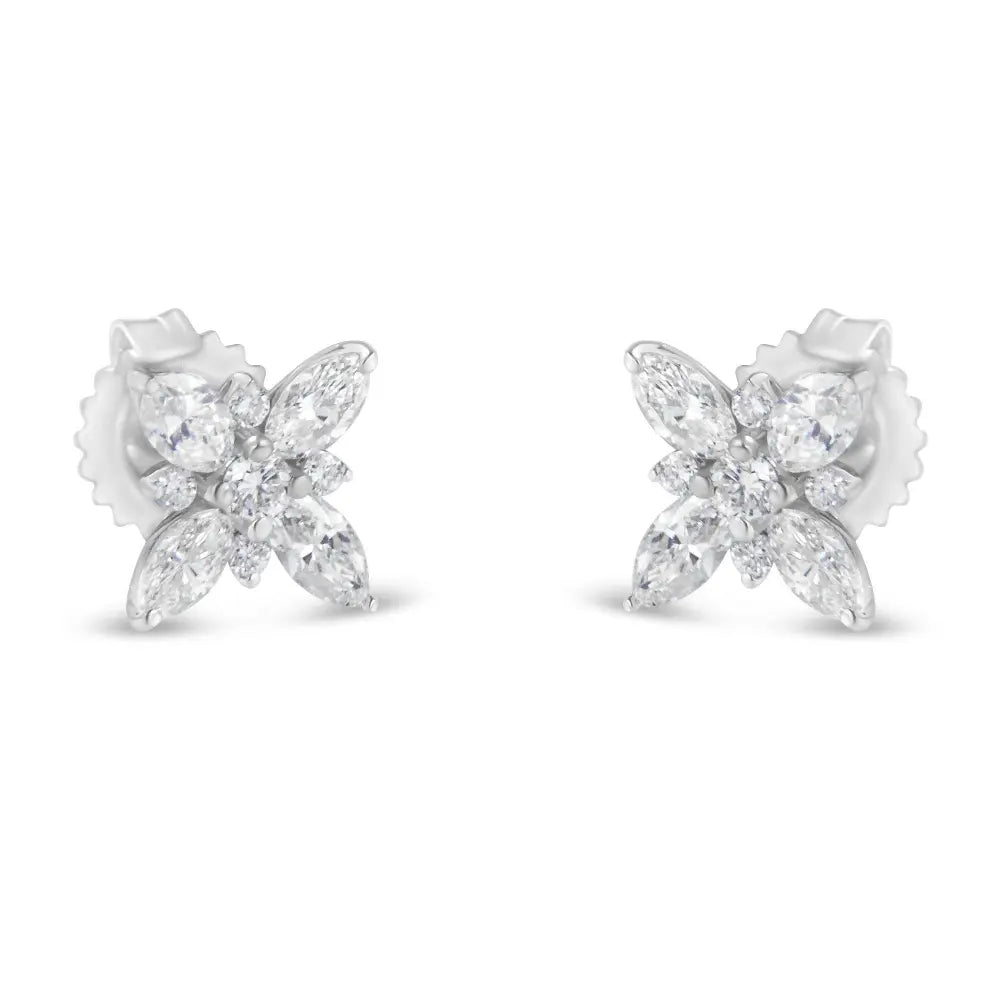 14K White Gold Marquise Diamond Flower Stud Earring (1.00 cttw, H-I Color, SI1-SI2 Clarity) - Bijoux-NYC Direct