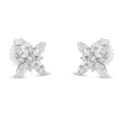 14K White Gold Marquise Diamond Flower Stud Earring (1.00 cttw, H-I Color, SI1-SI2 Clarity) - Bijoux-NYC Direct