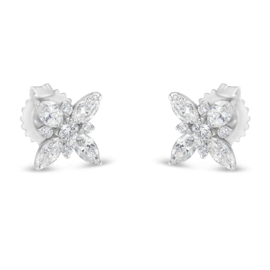 14K White Gold Marquise Diamond Flower Stud Earring (1.00 cttw, H-I Color, SI1-SI2 Clarity) - Bijoux-NYC Direct
