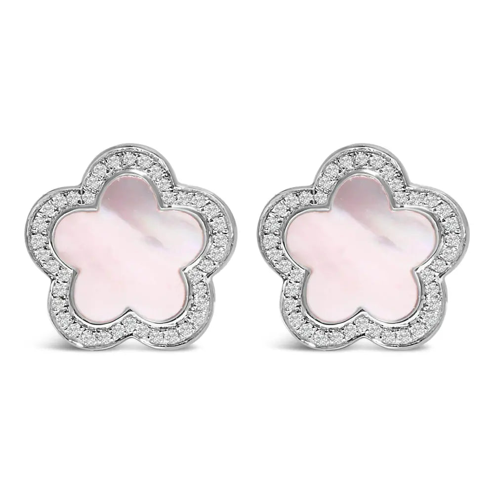 14K White Gold Mother of Pearl and 1/5 Cttw Diamond Halo Star Stud Earrings - Bijoux-NYC Direct