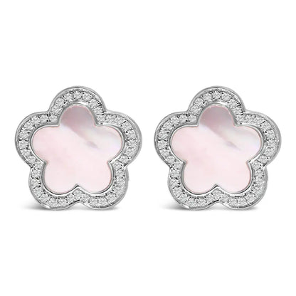 14K White Gold Mother of Pearl and 1/5 Cttw Diamond Halo Star Stud Earrings - Bijoux-NYC Direct