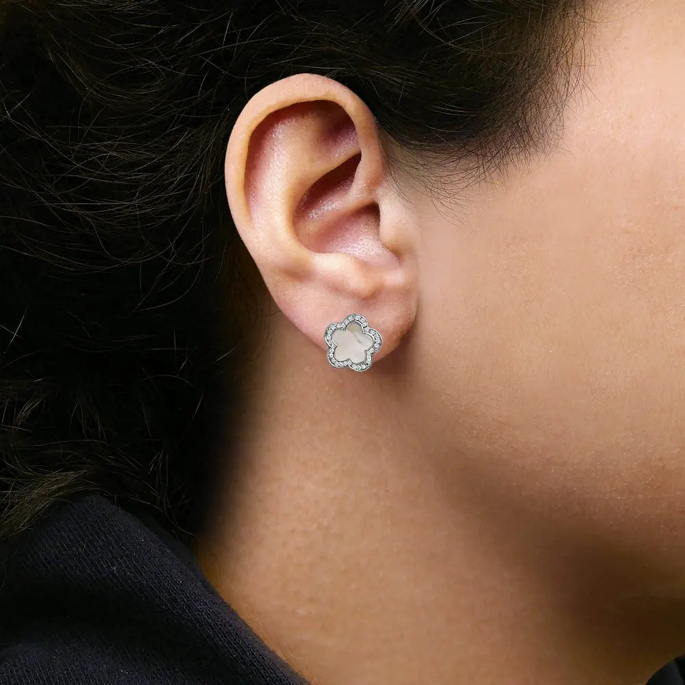 14K White Gold Mother of Pearl and 1/5 Cttw Diamond Halo Star Stud Earrings - Bijoux-NYC Direct