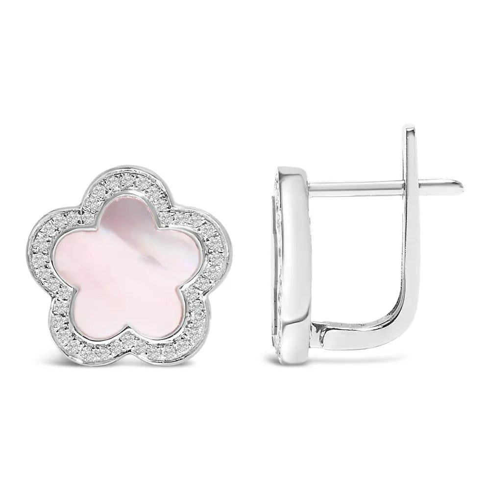 14K White Gold Mother of Pearl and 1/5 Cttw Diamond Halo Star Stud Earrings - Bijoux-NYC Direct