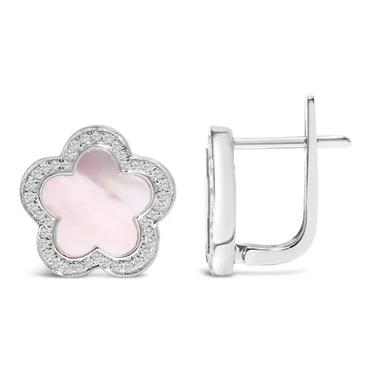 14K White Gold Mother of Pearl and 1/5 Cttw Diamond Halo Star Stud Earrings - Bijoux-NYC Direct
