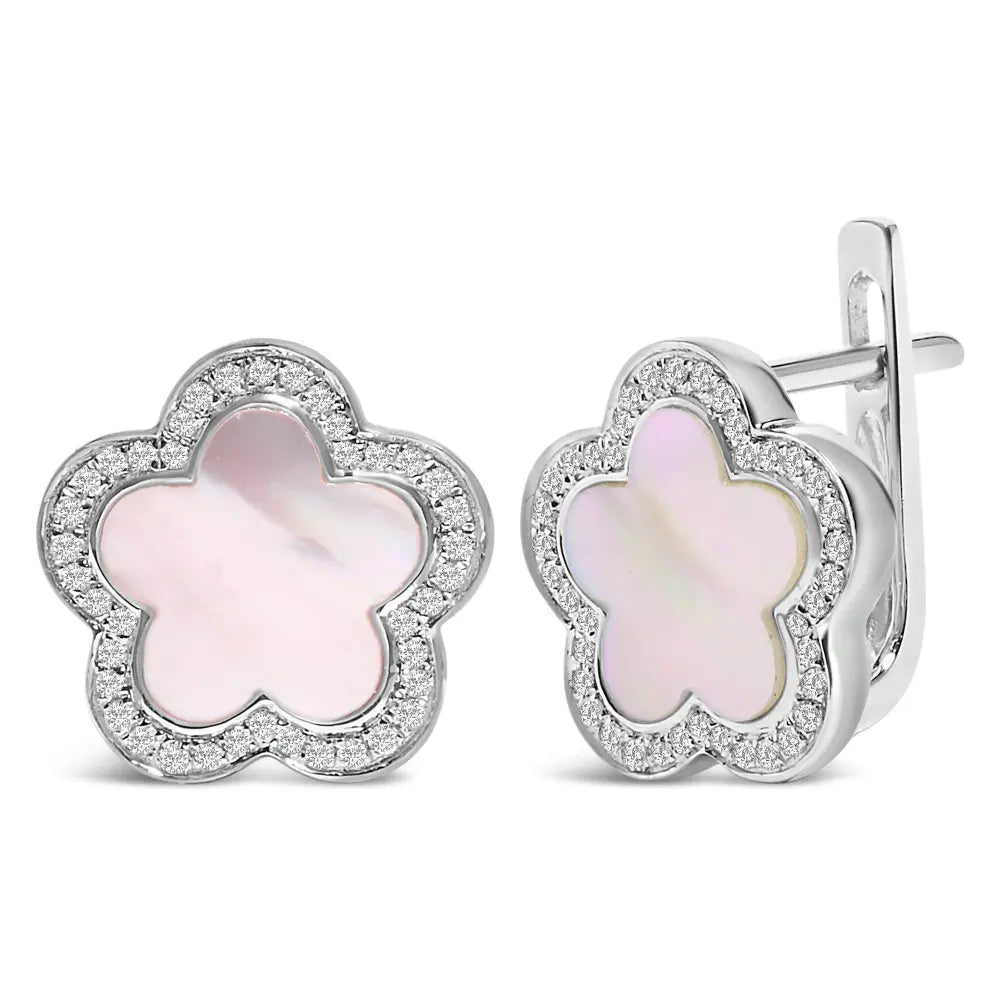 14K White Gold Mother of Pearl and 1/5 Cttw Diamond Halo Star Stud Earrings - Bijoux-NYC Direct