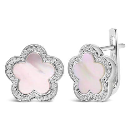 14K White Gold Mother of Pearl and 1/5 Cttw Diamond Halo Star Stud Earrings - Bijoux-NYC Direct