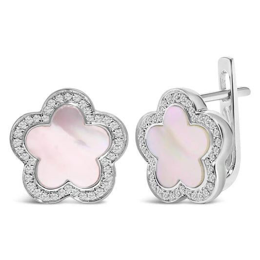 14K White Gold Mother of Pearl and 1/5 Cttw Diamond Halo Star Stud Earrings - Bijoux-NYC Direct