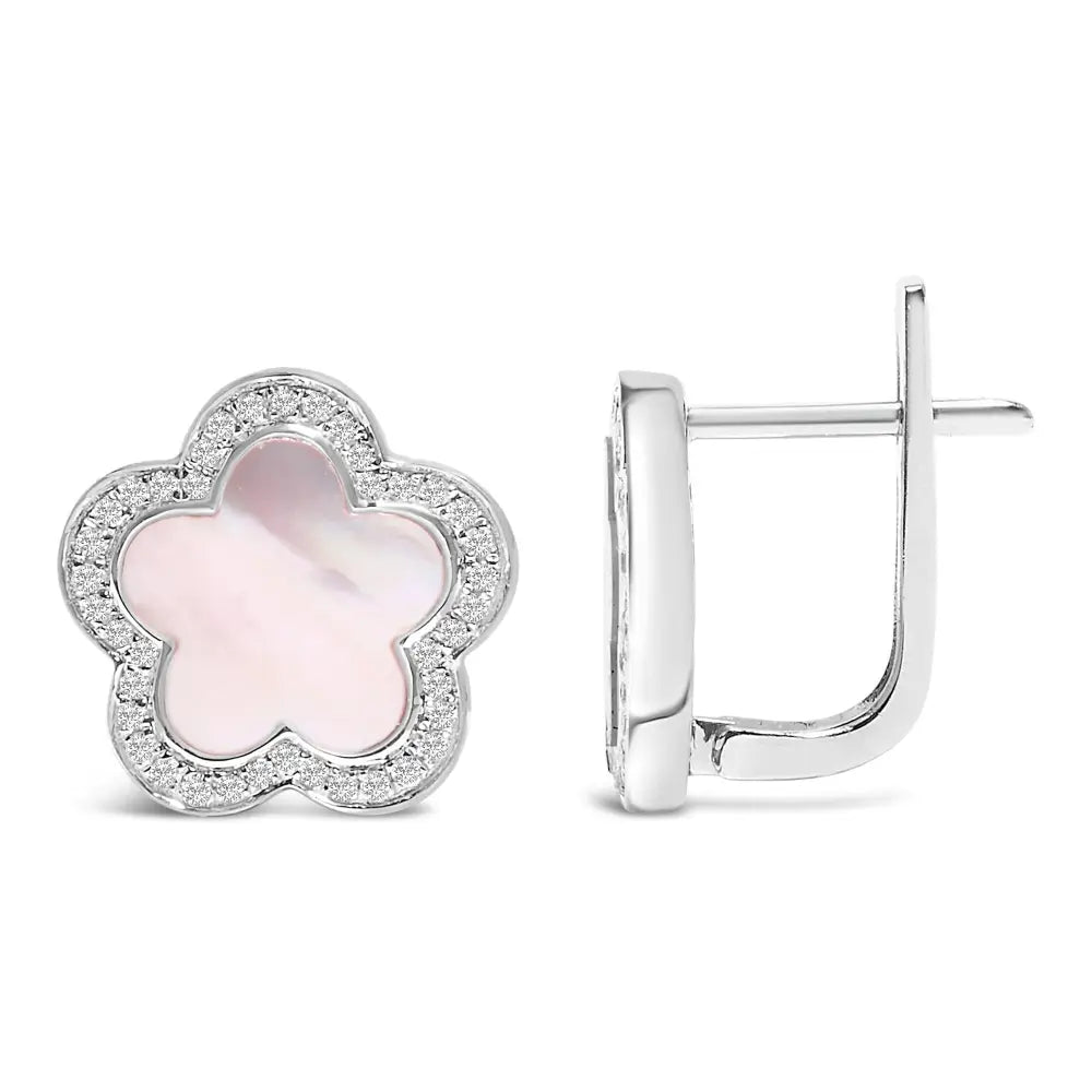 14k white gold mother of pearl and 1/5 cttw diamond flower stud earrings bijoux-nyc direct