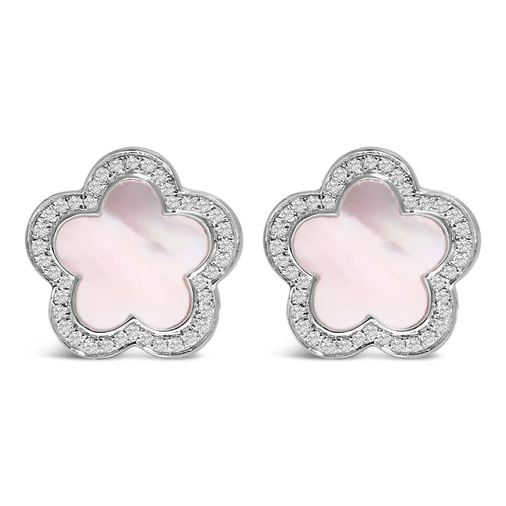 14k white gold mother of pearl and 1/5 cttw diamond flower stud earrings bijoux-nyc direct