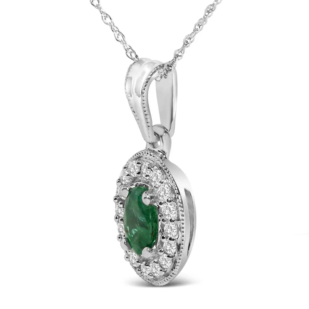 14K White Gold Oval 6x4 MM Green Emerald and Diamond Halo Pendant Necklace - 18 inch - Bijoux-NYC Direct