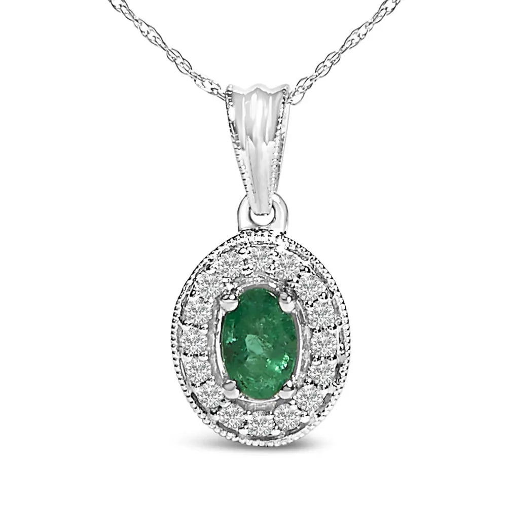 14K White Gold Oval 6x4 MM Green Emerald and Diamond Halo Pendant Necklace - 18 inch - Bijoux-NYC Direct