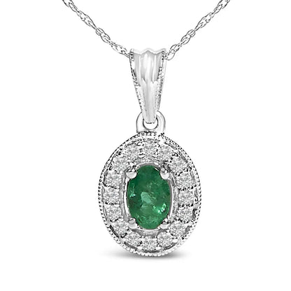 14K White Gold Oval 6x4 MM Green Emerald and Diamond Halo Pendant Necklace - 18 inch - Bijoux-NYC Direct