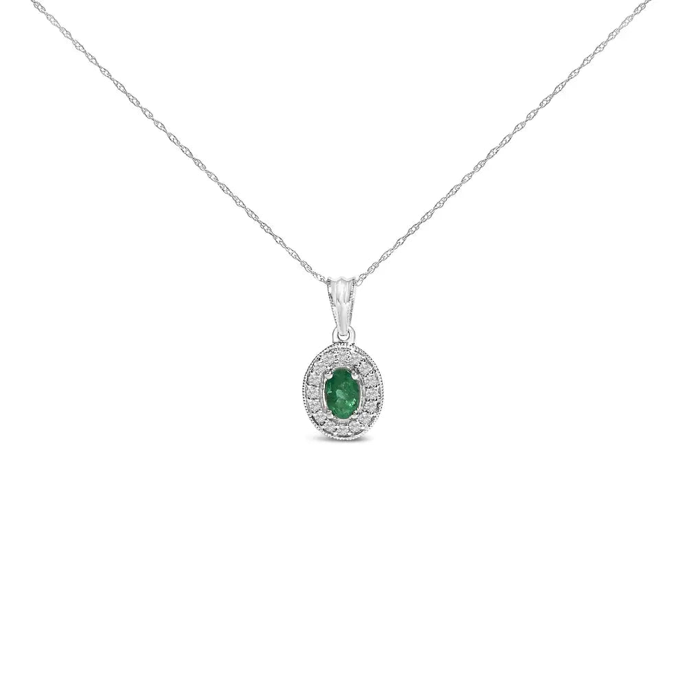 14k white gold oval emerald and diamond halo pendant necklace 18 inch bijoux-nyc direct