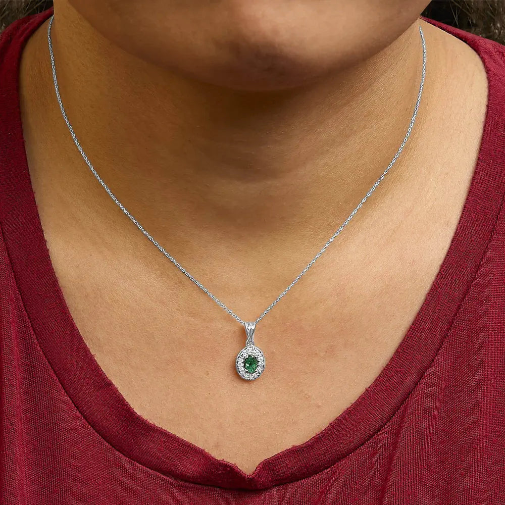 14K White Gold Oval 6x4 MM Green Emerald and Diamond Halo Pendant Necklace - 18 inch - Bijoux-NYC Direct