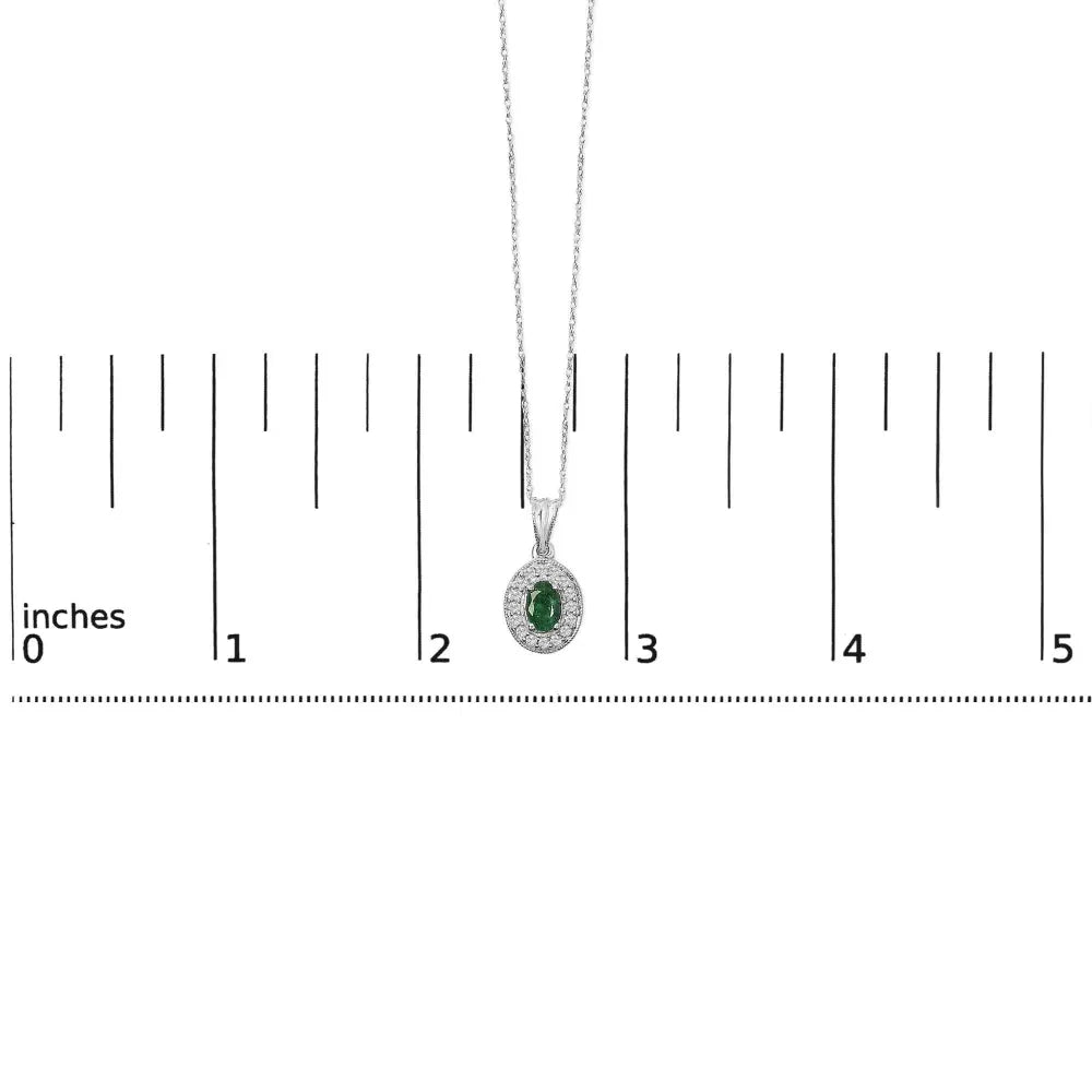 14K White Gold Oval 6x4 MM Green Emerald and Diamond Halo Pendant Necklace - 18 inch - Bijoux-NYC Direct