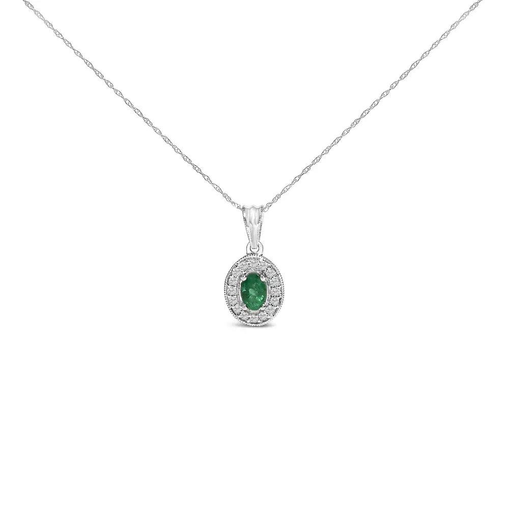 14K White Gold Oval 6x4 MM Green Emerald and Diamond Halo Pendant Necklace - 18 inch - Bijoux-NYC Direct