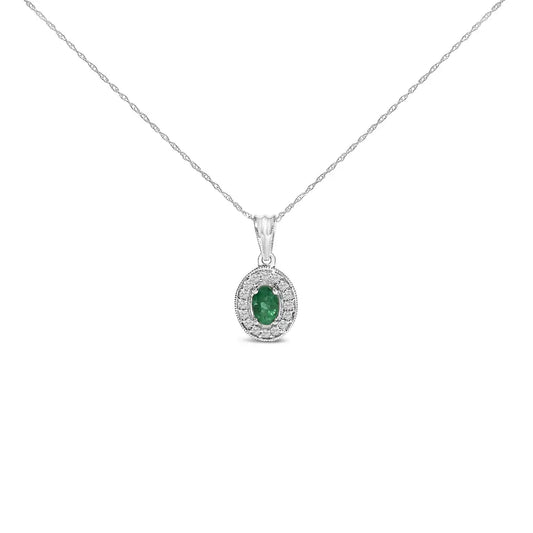 14K White Gold Oval 6x4 MM Green Emerald and Diamond Halo Pendant Necklace - 18 inch - Bijoux-NYC Direct