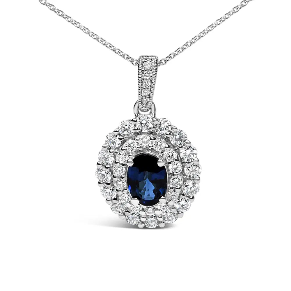 14k white gold oval blue sapphire and 3/4 cttw diamond halo necklace bijoux-nyc direct