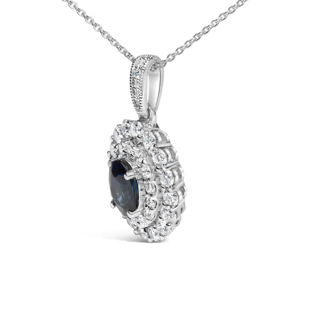 14k white gold oval blue sapphire and 3/4 cttw diamond halo necklace bijoux-nyc direct