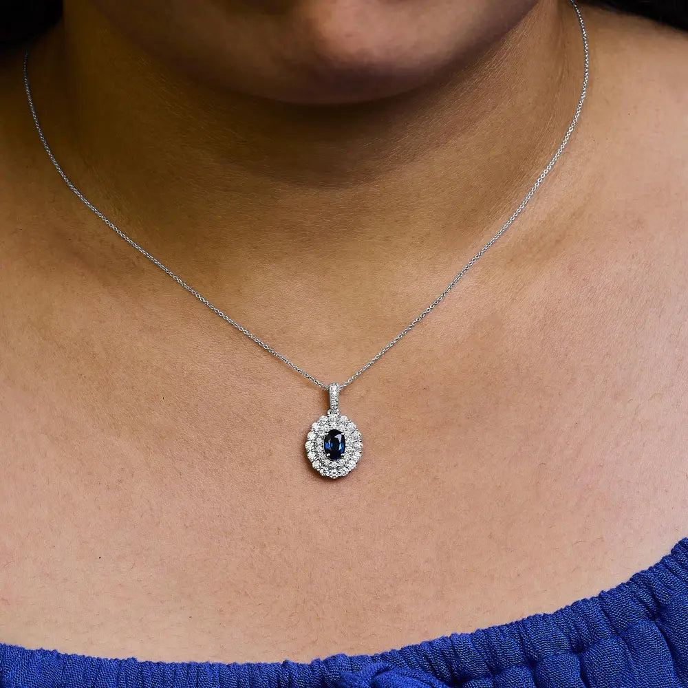 14k white gold oval blue sapphire and 3/4 cttw diamond halo necklace bijoux-nyc direct