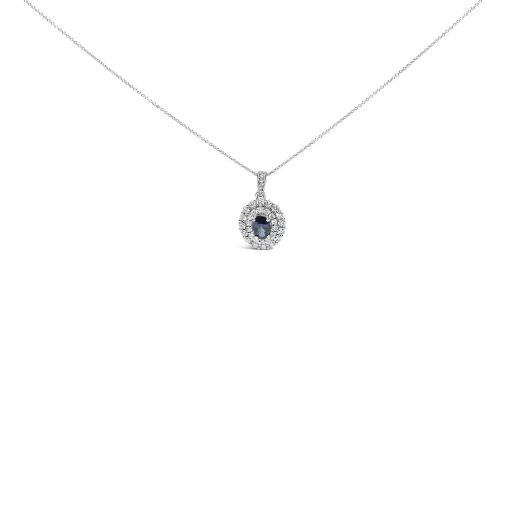 14k white gold oval blue sapphire and 3/4 cttw diamond halo necklace bijoux-nyc direct