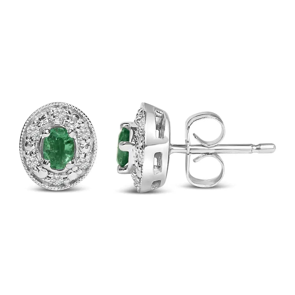 14k white gold oval green emerald and 1/10 cttw diamond halo stud earrings bijoux-nyc direct