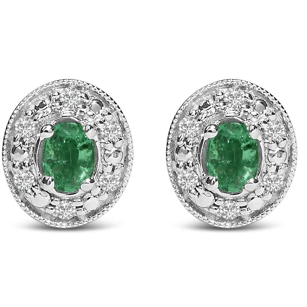 14K White Gold Oval Green Emerald and 1/10 Cttw Diamond Halo Stud Earrings (I-J Color, I1-I2 Clarity) - Bijoux-NYC Direct