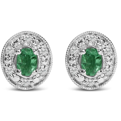 14K White Gold Oval Green Emerald and 1/10 Cttw Diamond Halo Stud Earrings (I-J Color, I1-I2 Clarity) - Bijoux-NYC Direct