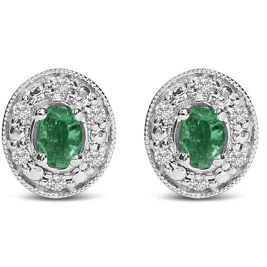 14K White Gold Oval Green Emerald and 1/10 Cttw Diamond Halo Stud Earrings (I-J Color, I1-I2 Clarity) - Bijoux-NYC Direct