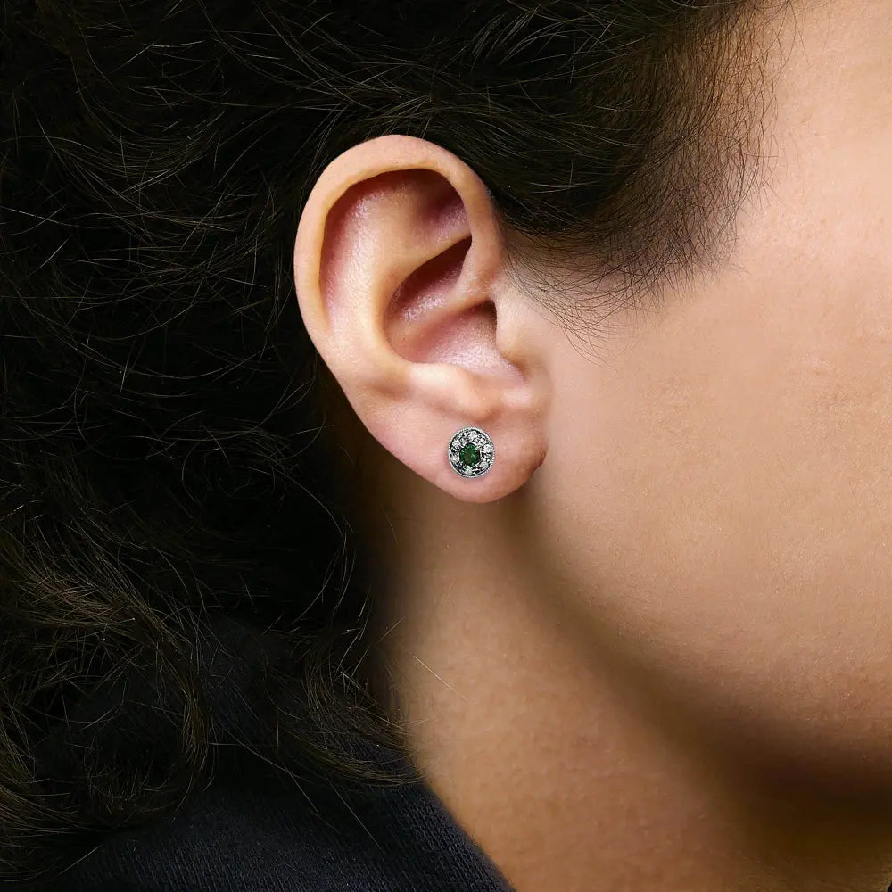 14K White Gold Oval Green Emerald and 1/10 Cttw Diamond Halo Stud Earrings (I-J Color, I1-I2 Clarity) - Bijoux-NYC Direct