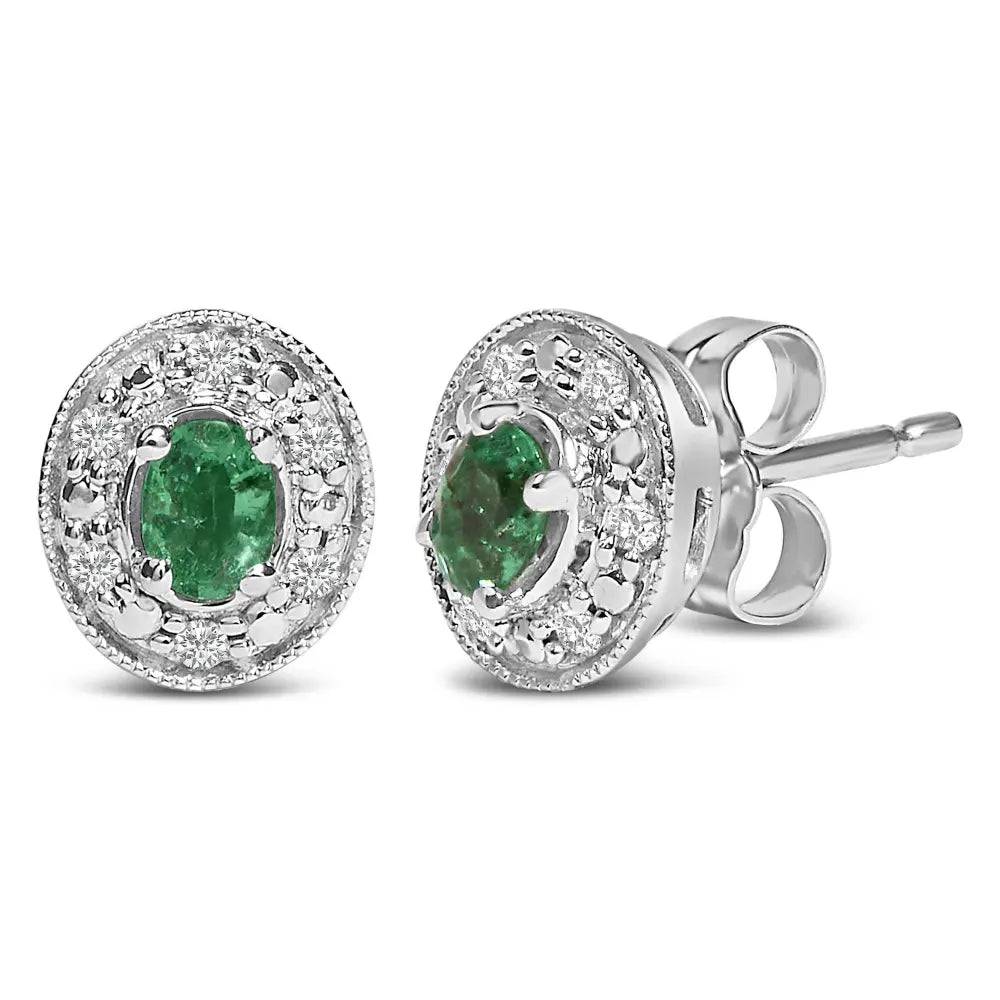 14K White Gold Oval Green Emerald and 1/10 Cttw Diamond Halo Stud Earrings (I-J Color, I1-I2 Clarity) - Bijoux-NYC Direct