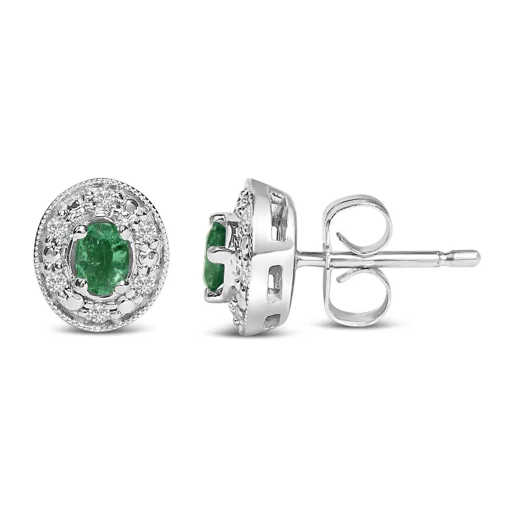 14K White Gold Oval Green Emerald and 1/10 Cttw Diamond Halo Stud Earrings (I-J Color, I1-I2 Clarity) - Bijoux-NYC Direct