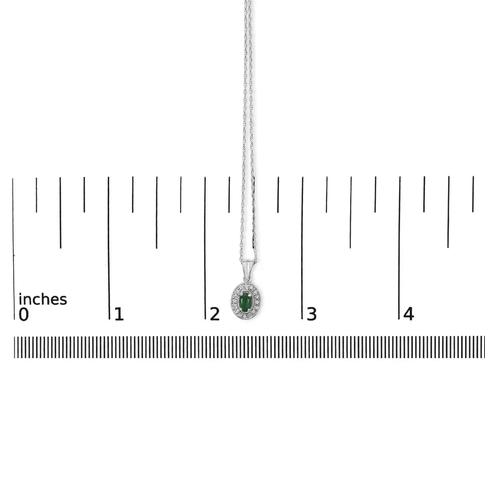 14k white gold oval green emerald and diamond halo pendant necklace 18’’ inches necklaces/pendant/pendant handcrafted
