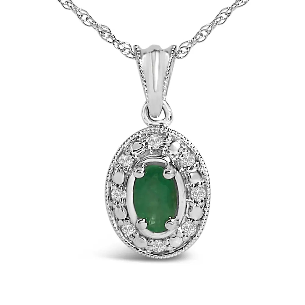 14k white gold oval green emerald and diamond halo pendant necklace 18 bijoux-nyc direct