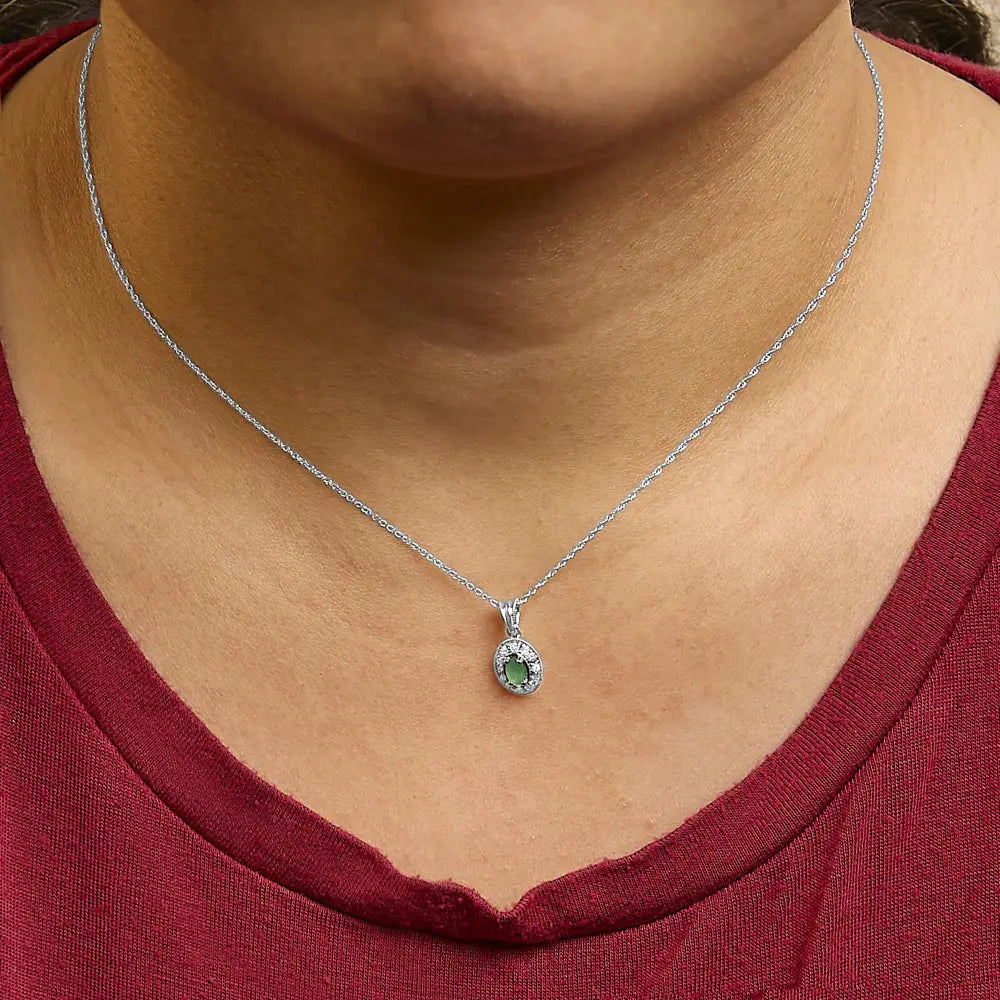 14k white gold oval green emerald and diamond halo pendant necklace 18 bijoux-nyc direct