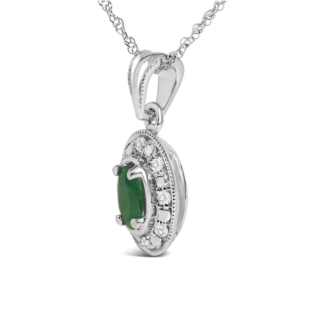 14k white gold oval green emerald and diamond halo pendant necklace 18 bijoux-nyc direct