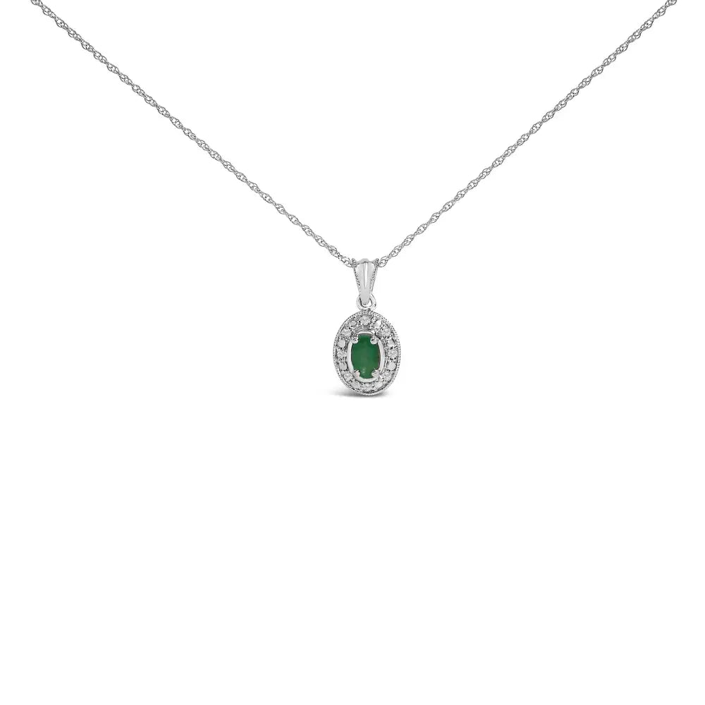 14k white gold oval green emerald and diamond halo pendant necklace 18’’ inches necklaces/pendant/pendant handcrafted