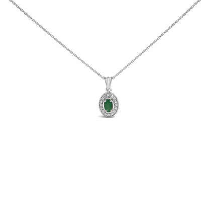14k white gold oval green emerald and diamond halo pendant necklace 18’’ inches necklaces/pendant/pendant handcrafted