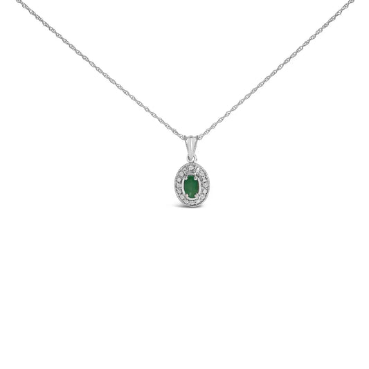 14k white gold oval green emerald and diamond halo pendant necklace 18’’ inches necklaces/pendant/pendant handcrafted