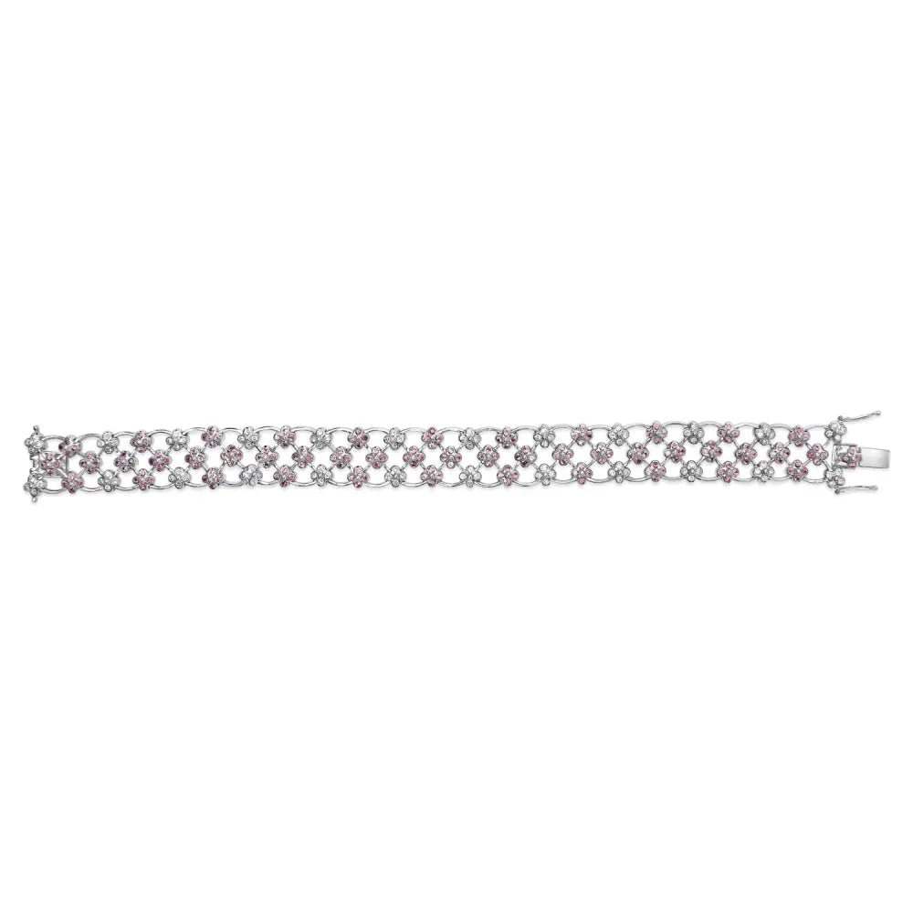 14K White Gold Pink Sapphire and Diamond Floral Lattice Link Bracelet - 7.25" Inches - Bijoux-NYC Direct