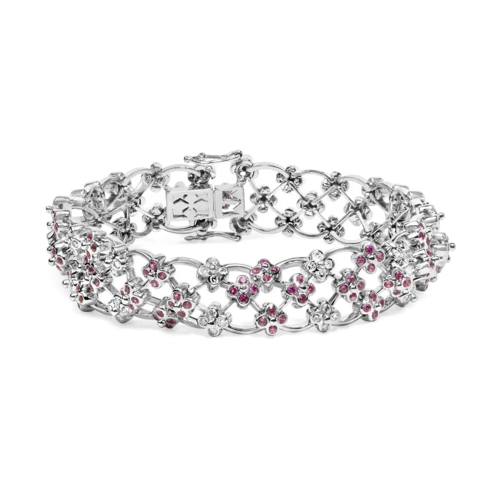 14K White Gold Pink Sapphire and Diamond Floral Lattice Link Bracelet - 7.25" Inches - Bijoux-NYC Direct