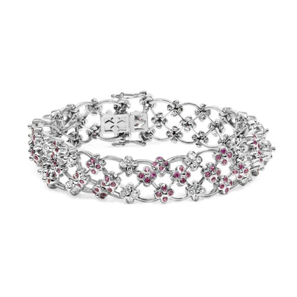 14K White Gold Pink Sapphire and Diamond Floral Lattice Link Bracelet - 7.25" Inches - Bijoux-NYC Direct