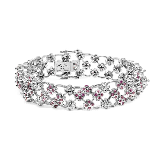 14K White Gold Pink Sapphire and Diamond Floral Lattice Link Bracelet - 7.25" Inches - Bijoux-NYC Direct