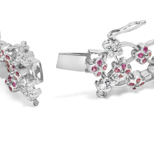 14K White Gold Pink Sapphire and Diamond Floral Lattice Link Bracelet - 7.25" Inches - Bijoux-NYC Direct