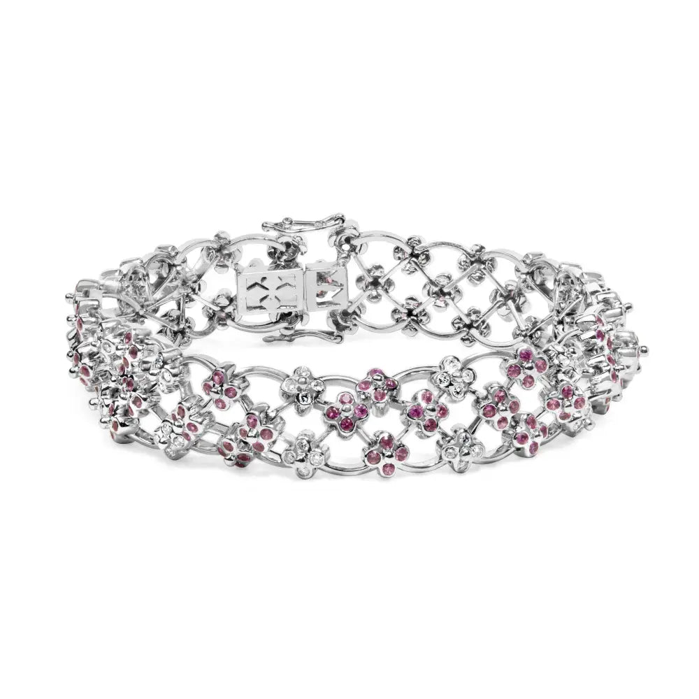 14k white gold pink sapphire and 1.25ct diamond floral lattice bracelet bijoux-nyc direct