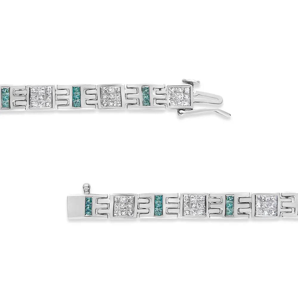 14k white gold princess cut blue and white diamond link bracelet 3.00cttw bijoux-nyc direct