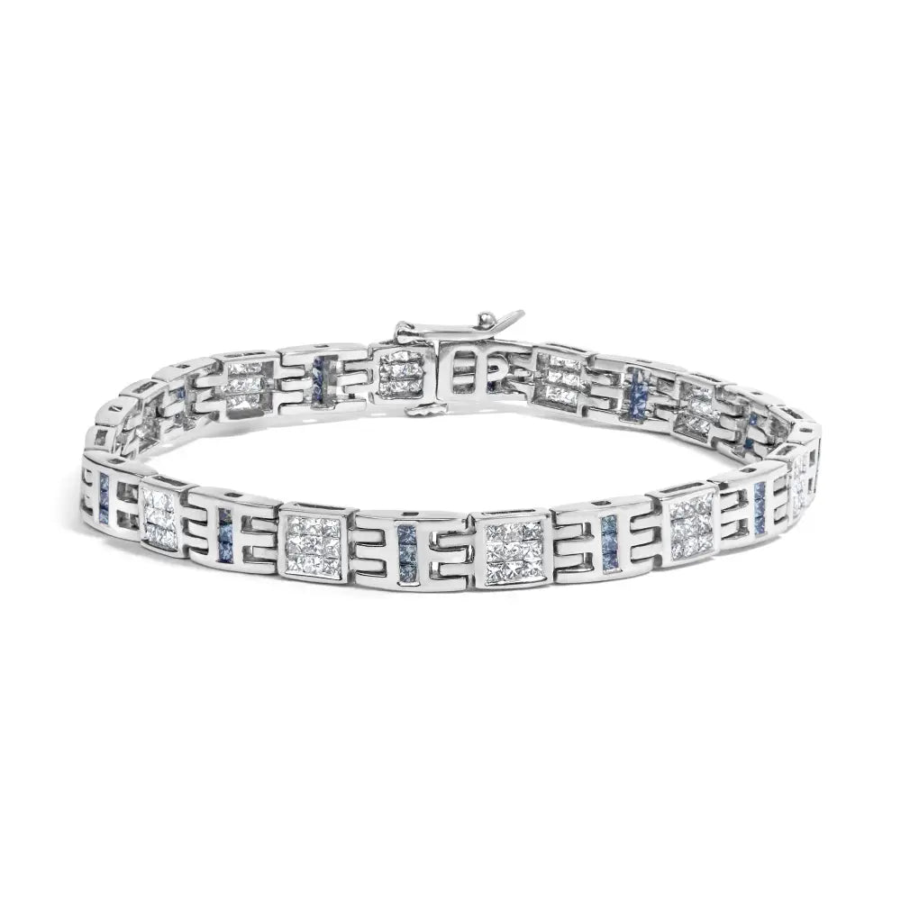 14k white gold princess cut blue and white diamond link bracelet 3.00cttw bijoux-nyc direct
