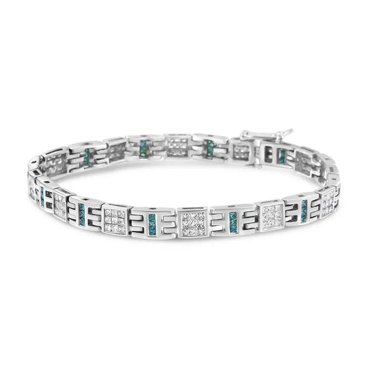 14K White Gold Princess-Cut white and Blue Diamond Fashion Bracelet(3.00 cttw,H-I Color,SI1-SI2 Clarity) - Bijoux-NYC Direct