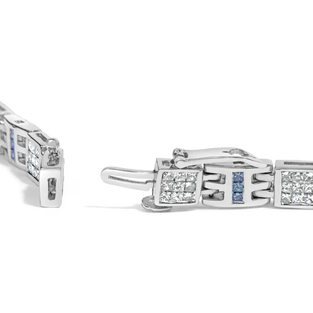 14k white gold princess cut blue and white diamond link bracelet 3.00cttw bijoux-nyc direct